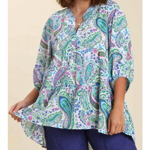 UMGEE Paisley Print V Notch Neckline Top Babydoll White Green 3/4 Sleeve Tunic L
